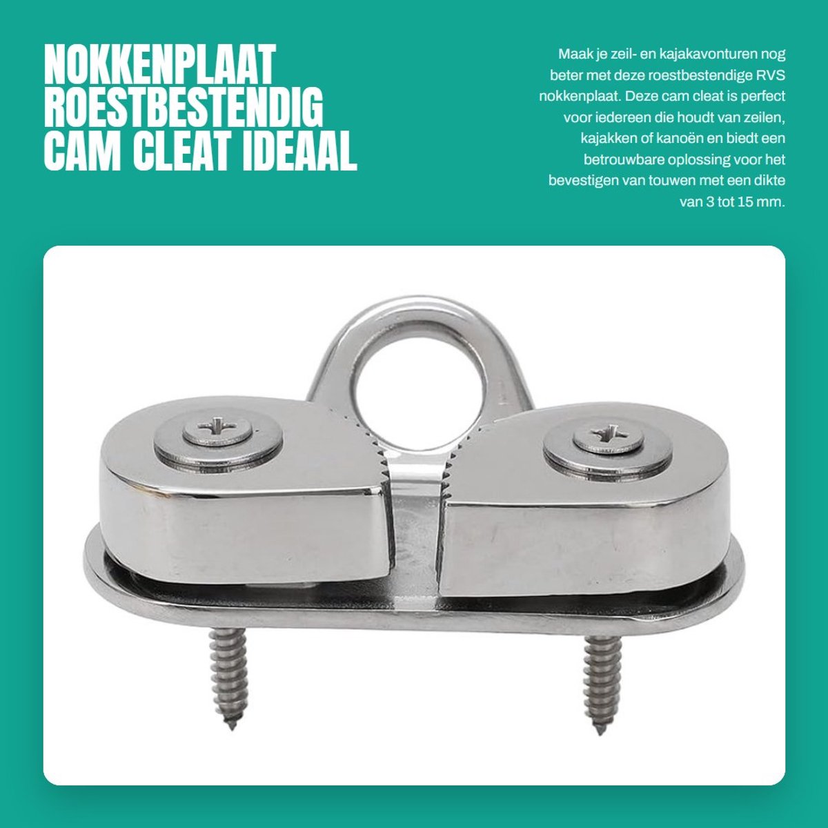 Dailygoods- Nokkenplaat Roestbestendig - Cam Cleat - Fairlead - Ring - Geschikt voor touwdiktes tot 15 mm - Afmeting basis 85 x 38 mm