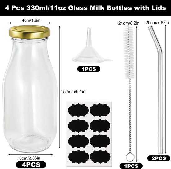 Dailygoods- Melkflessen 330ml - Glazen Sapflessen - Herbruikbare Flessen - Luchtdichte Doppen - Inclusief Rietjes - Hoogwaardig Glas van Dailygoods — afbeelding 5