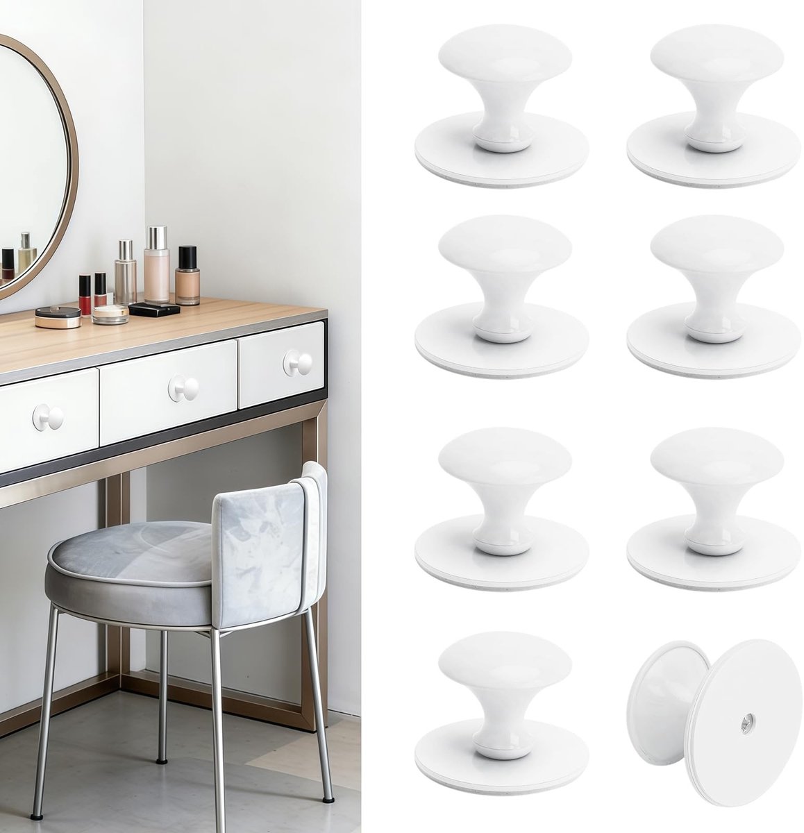 Dailygoods - 8 stuks zelfklevende kastknoppen, zelfklevende keukenkastknoppen, wit, stansvrije ladeknop, spiegelkast, ladegrepen, zelfklevend, wit, voor keuken, badkamer, spiegelkast, doe-het-zelf