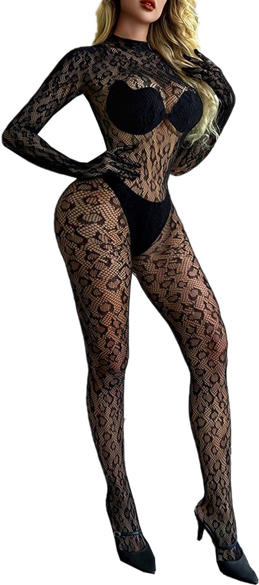 Dailygoods- Bodystocking Zwarte Luipaardprint - Sexy Lingerie - Mesh Jumpsuit - Elastische Stof - Open Vinger Stijl - Comfortabel en Verleidelijk