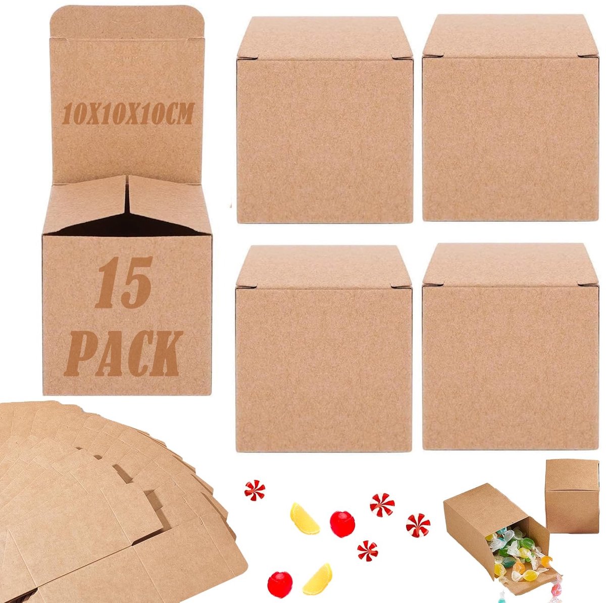 Dailygoods - 16 bruine kraftpapier geschenkdozen, 15 stuks geschenkdozen van kraftpapier, 10x10x10cm geschenkdoos van kraftpapier, kraftpapierbox, kleine sieraden geschenkdozen met deksel voor Kerstmis bruiloft