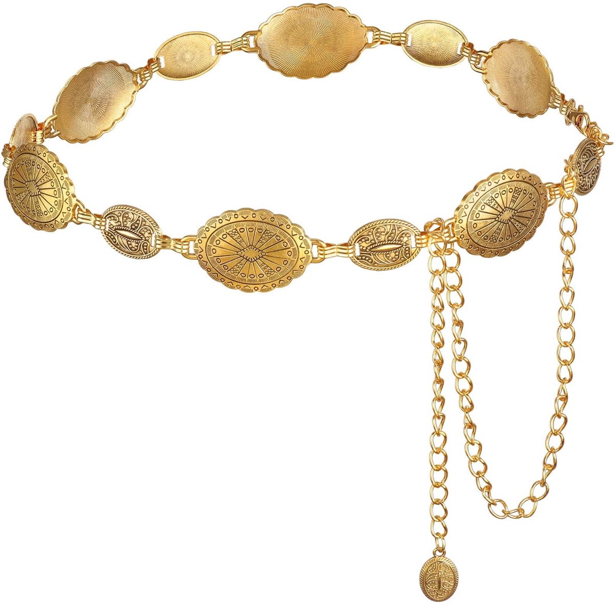 Dailygoods- Heupketting Verstelbaar - Gouden/Zilveren Concho - Boho-Stijl - Lichtgewicht - Comfortabel Draagbaar - 68 cm Lang - Kettingriem