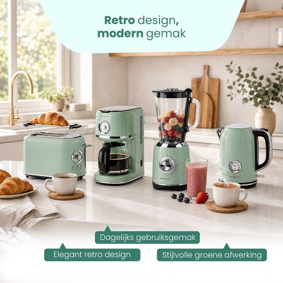 Emerio Retro Blender - 1,75L - Smoothie Maker met Glazen Kan - 5 snelheden - Pulsfunctie - RVS messen - 600W - BL-131620.8 Groen van Emerio — afbeelding 5