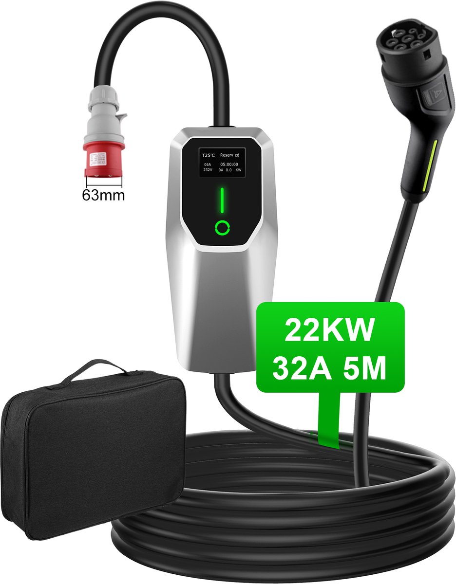 Hexinex Draagbare 22kW 32A 5M 3-Fase EV Laadkabel - Type 2 Laadpaal , LCD-gegevensdisplay, Schakelbare stroom - IEC62196-2 & IP65