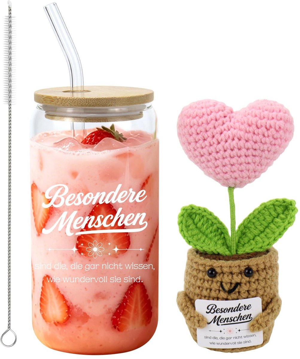 Dailygoods- Drinkglas Gepersonaliseerd - Cadeau voor Vrouwen - Drinkglas met Hartplant - Handgebreid - Ideaal voor Moeder en Vriendin - Glazen