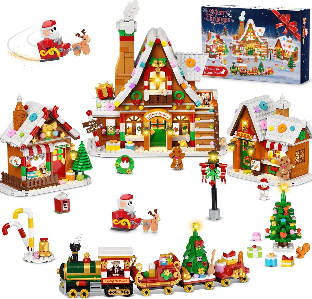 Kerstdorp bouwpakket - Peperkoekhuis set - Kerstversiering maken - Met verlichting - 1955 stenen - Multicolor