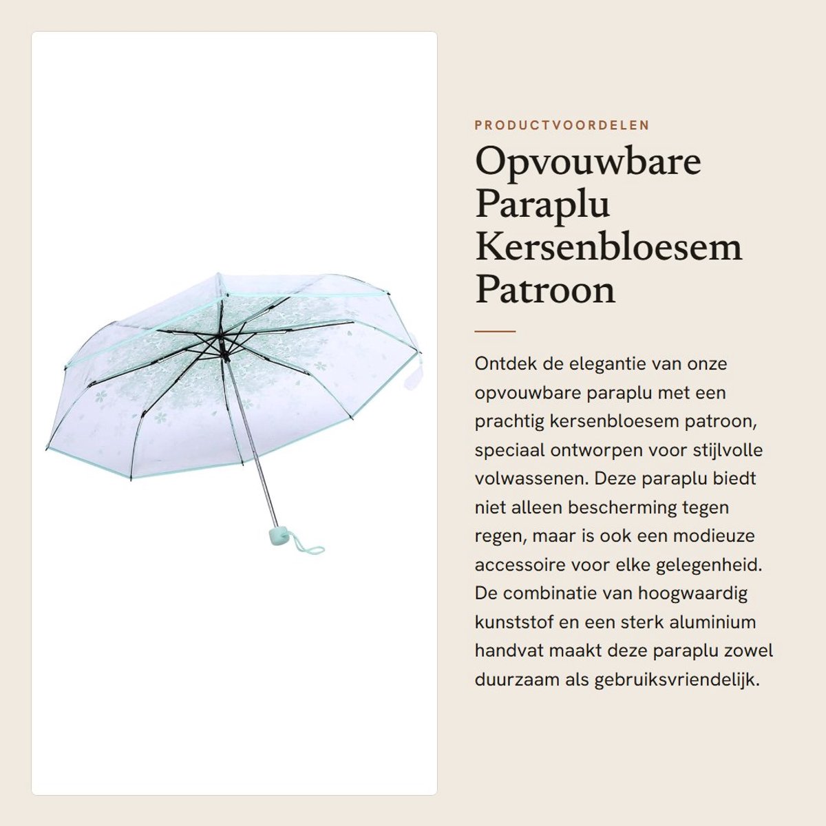 Dailygoods- Paraplu Transparant Kersenbloesem Patroon - Opvouwbaar - Sterk Aluminium Handvat - Duurzaam - Compact - Milieuvriendelijk Materiaal - Regenparaplu