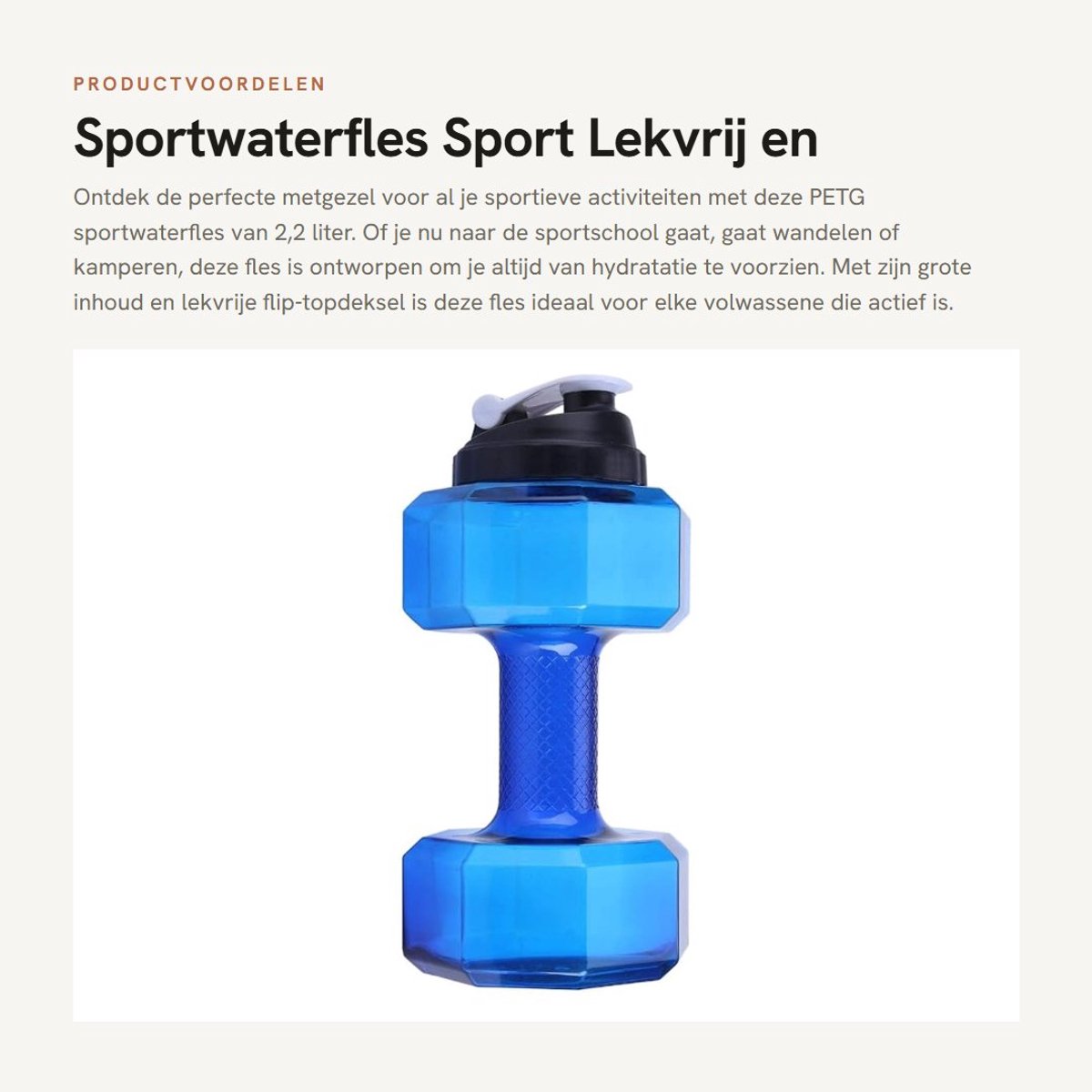 Dailygoods- Sportwaterfles 2,2 l - Antislip Haltervorm - Lekvrij Deksel - Milieuvriendelijk - Kunststof van Levensmiddelenkwaliteit - Geschikt voor Sport en Kamperen - Waterfles