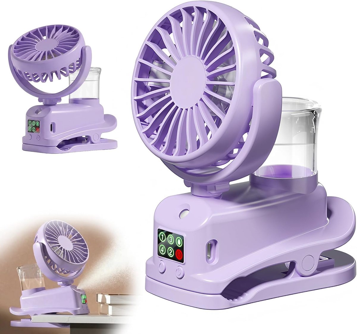 YAGXIG Mini USB draagbare clipventilator - Oplaadbaar - Miniventilator met luchtbevochtiger - 4 windsnelheden - Bureauventilator - Mini draagbare ventilator voor thuis, bureau en kantoor (paars)