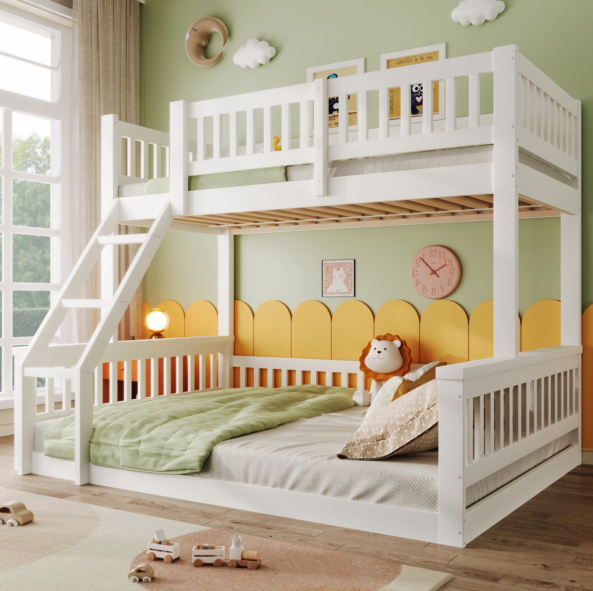 MEUNIQ stapelbed 90x200 en 140x200 cm met ladder en bedhekken, kinderbed voor kinderkamer, zonder matras, wit, 205x150x147 cm
