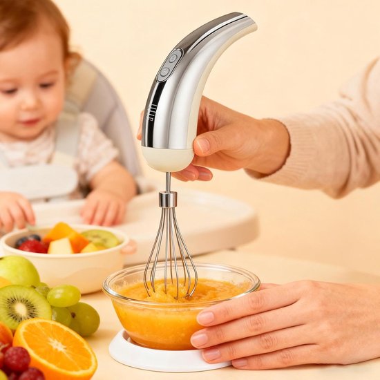 Elektrische Handmixer - Draadloze Garde - Bakken En Koken - Vijf Snelheden Instelbaar - 18 x 5.5 cm - Zilver Wit — afbeelding 2