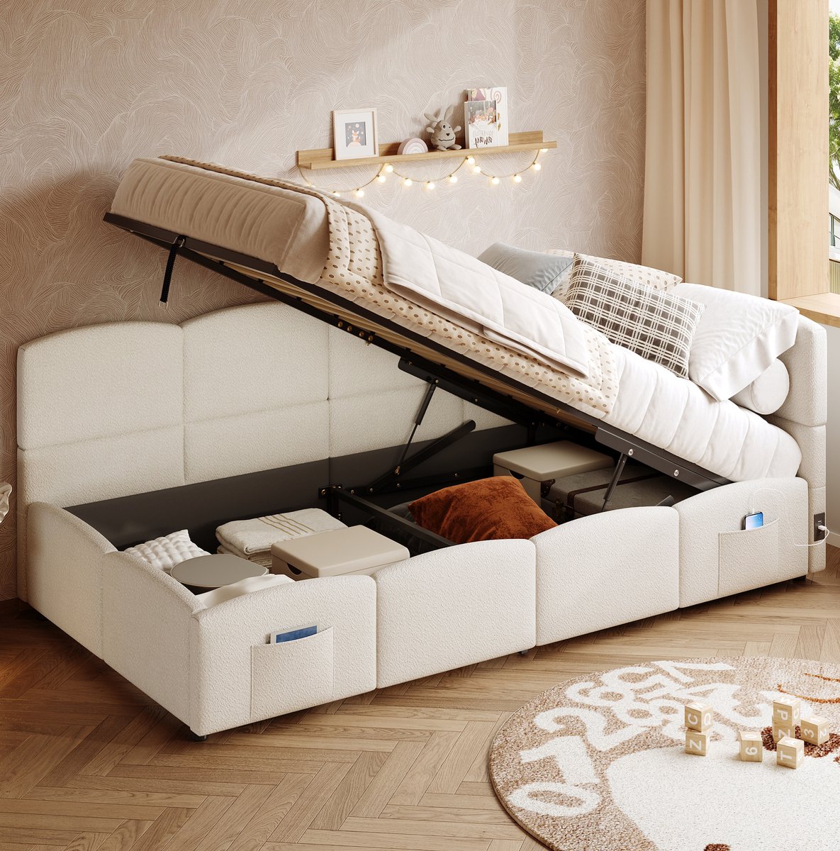 MEUNIQ eenpersoons opbergbed 90x200 cm met lattenbodem, hydraulische opbergruimte, USB-A en USB-C, opbergzak en bouclé stof in beige