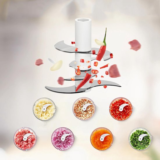 Elektrische hakmolen - Foodprocessor - Multifunctionele keukenmachine - Vaatwasmachinebestendig - Keukenmachine - Geschikt voor het hakken van vlees, het pellen van knoflook en het mixen van ingrediënten - 400 ml - 6 messen - 10,7*10,7*14,9 cm - Wit van Ruijingsky — afbeelding 2