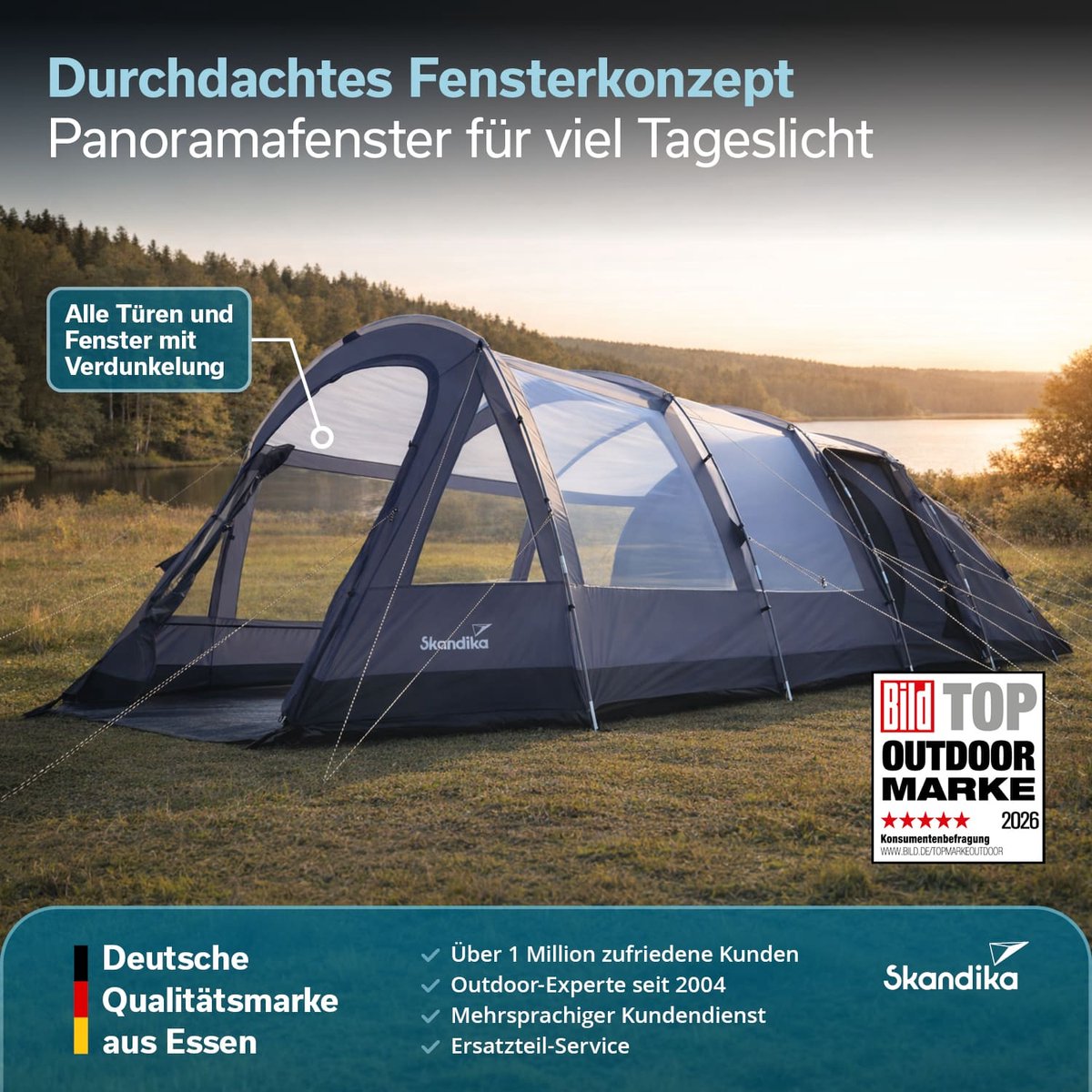 Skandika tunneltent Svalgard 6 Sleeper Protect XL - Kampeertent voor 6 personen, FlexCore-stokken, verduisterde slaapcabine, 5000 mm waterkolom, 210 cm stahoogte, klein pakvolume, familietent, camping – foto 4