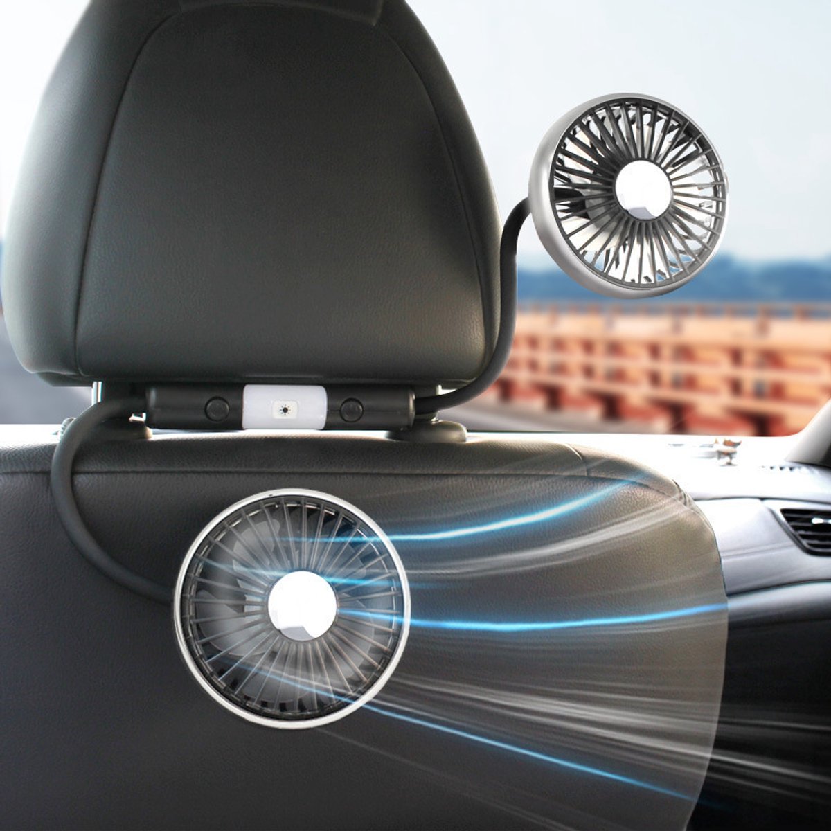 USB Autoventilator Achterbank voor baby's en kinderen, Dubbele koelventilator 5V 2A met onafhankelijke bediening, flexibele 360° draaibare slang, 3 instelbare snelheden en LED-verlichting, geschikt voor SUV, MPV, personenauto en pick-up kofferbak
