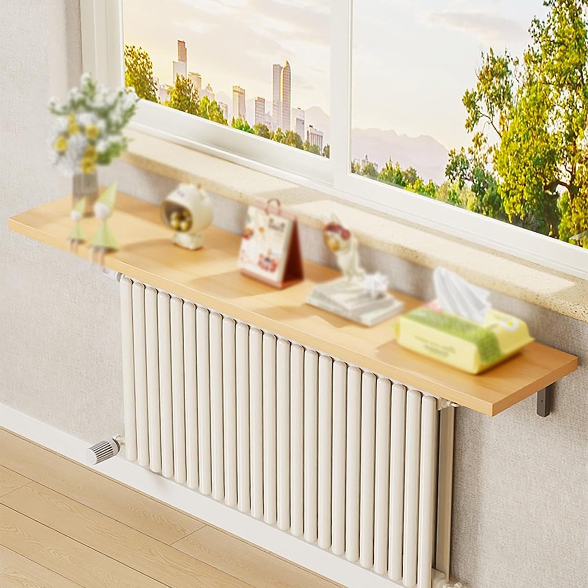 Radiator Plank - Opslagrek Hout - Ruimte Benutten - Boorvrije Montage - 40x20cm - Zwart