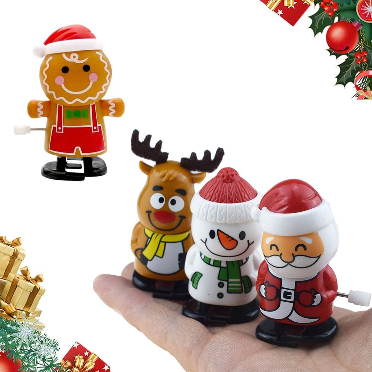 Dailygoods- Opwindspeelgoed 4 Stuks - Kerstfiguren/Speelgoed - Uurwerk/Spring/Speelgoed - ABS-Kunststof - 6,5 cm - Geen Batterij Nodig - Kerstspeelgoed