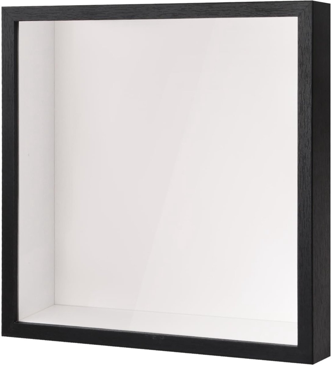 Dailygoods - 3D-schaduwdoos, diepe fotolijst voor muur en tafelblad, houten diepe boxlijst voor medaille, bloem, memorabilia tickets knutselen (zwart, 27 x 27 cm)