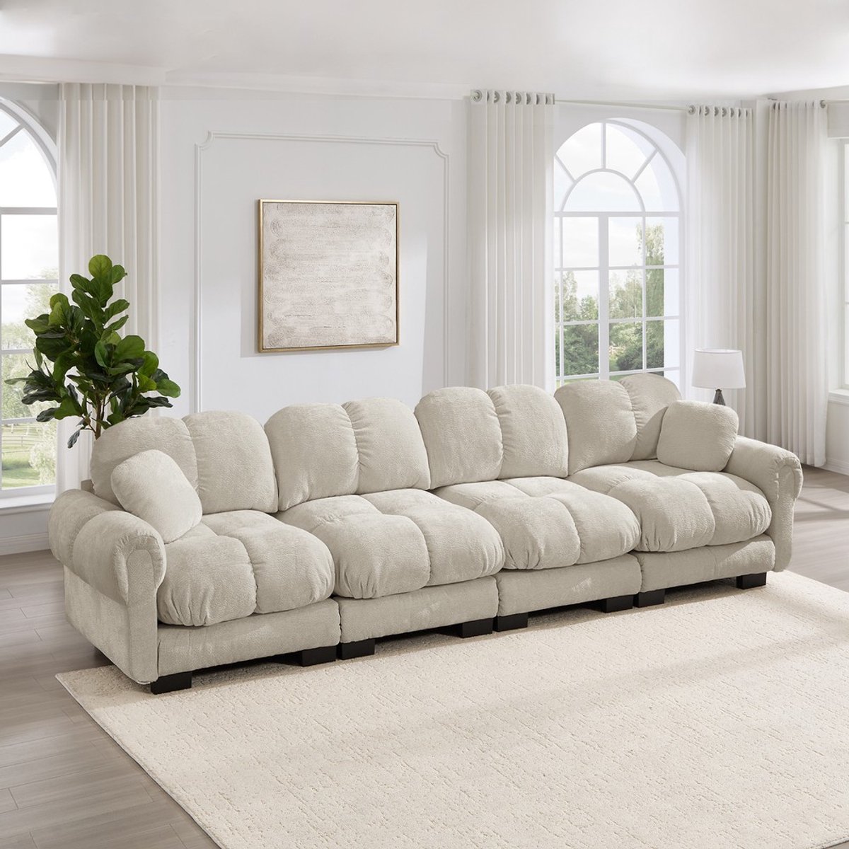 KOMHTOM Modulaire Bank - 4-zits - Chenille Stof - Woonkamer met Dikke Kussens en Ergonomische Rugleuning - Lichtbeige
