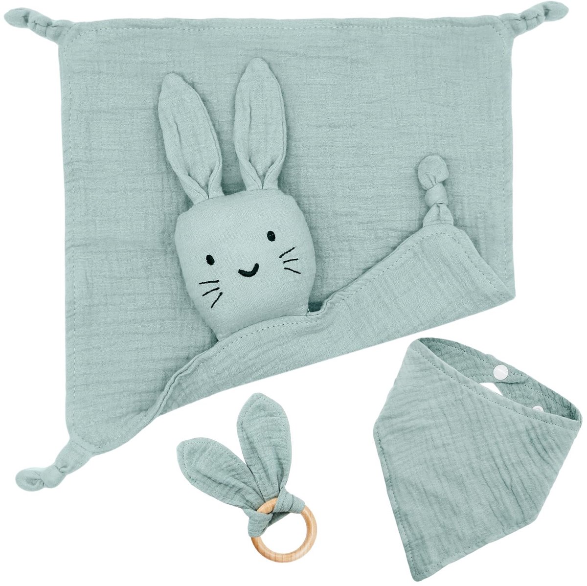Dailygoods - 3-delige Kraamcadeauset met Knuffeldoekje, Houten Bijtring en Slabbetje - Babycadeau Groen