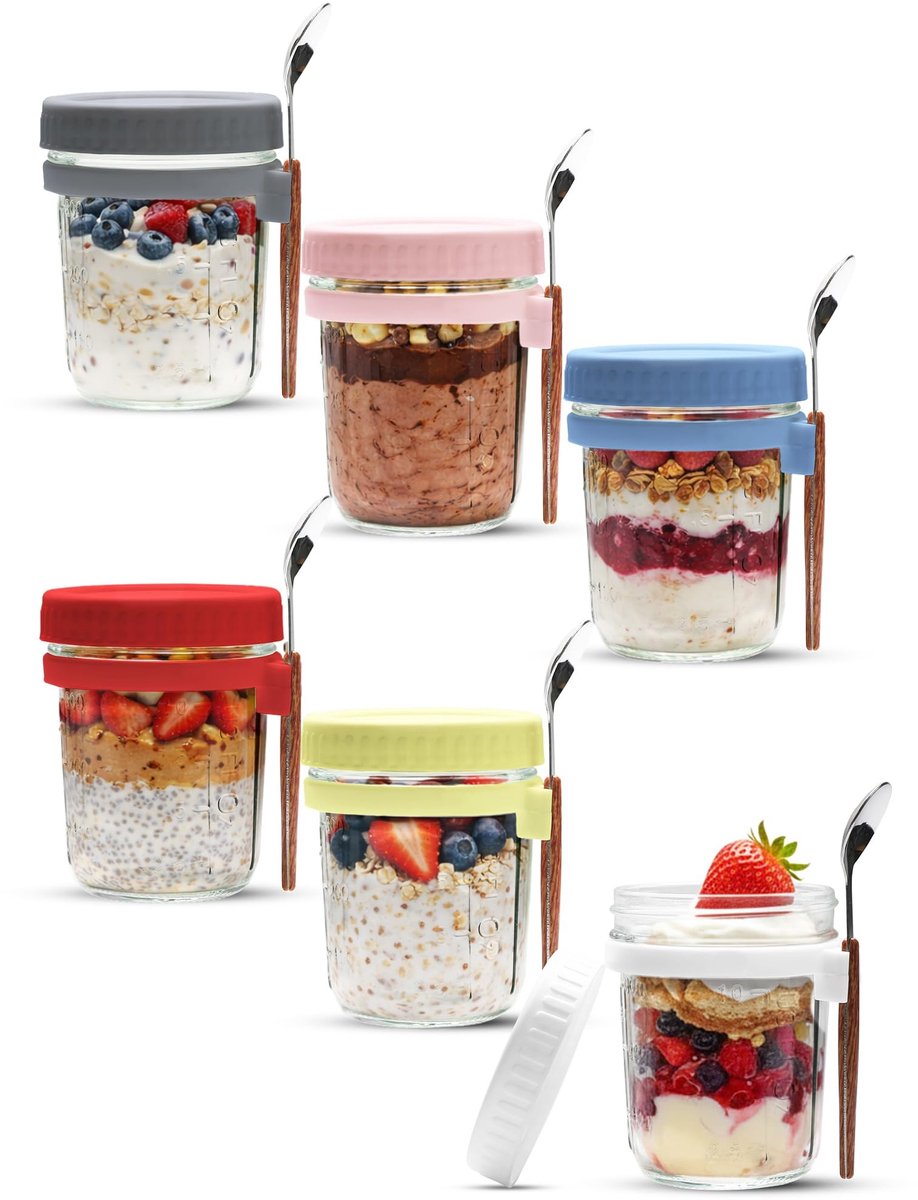 Dailygoods- Overnight Oats Potjes Set van 6 - Glazen Meal Prep Potjes - Luchtdichte Bakjes - Met Deksel en Lepel - 400 ml - Vaatwasmachinebestendig