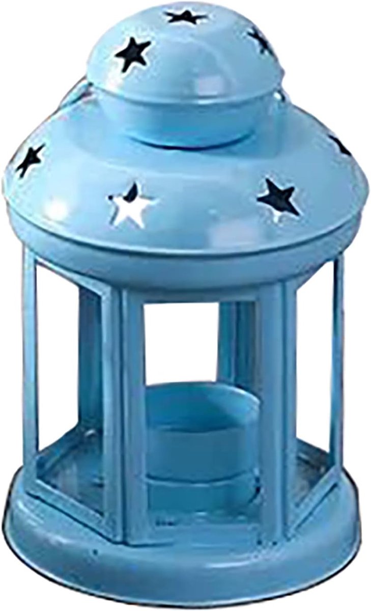 Decoratieve kaarslantaarns - Metalen lantaarn - Sfeerverlichting creëren - Holle sterdecoratie - Hoogte 16 cm - Blauw