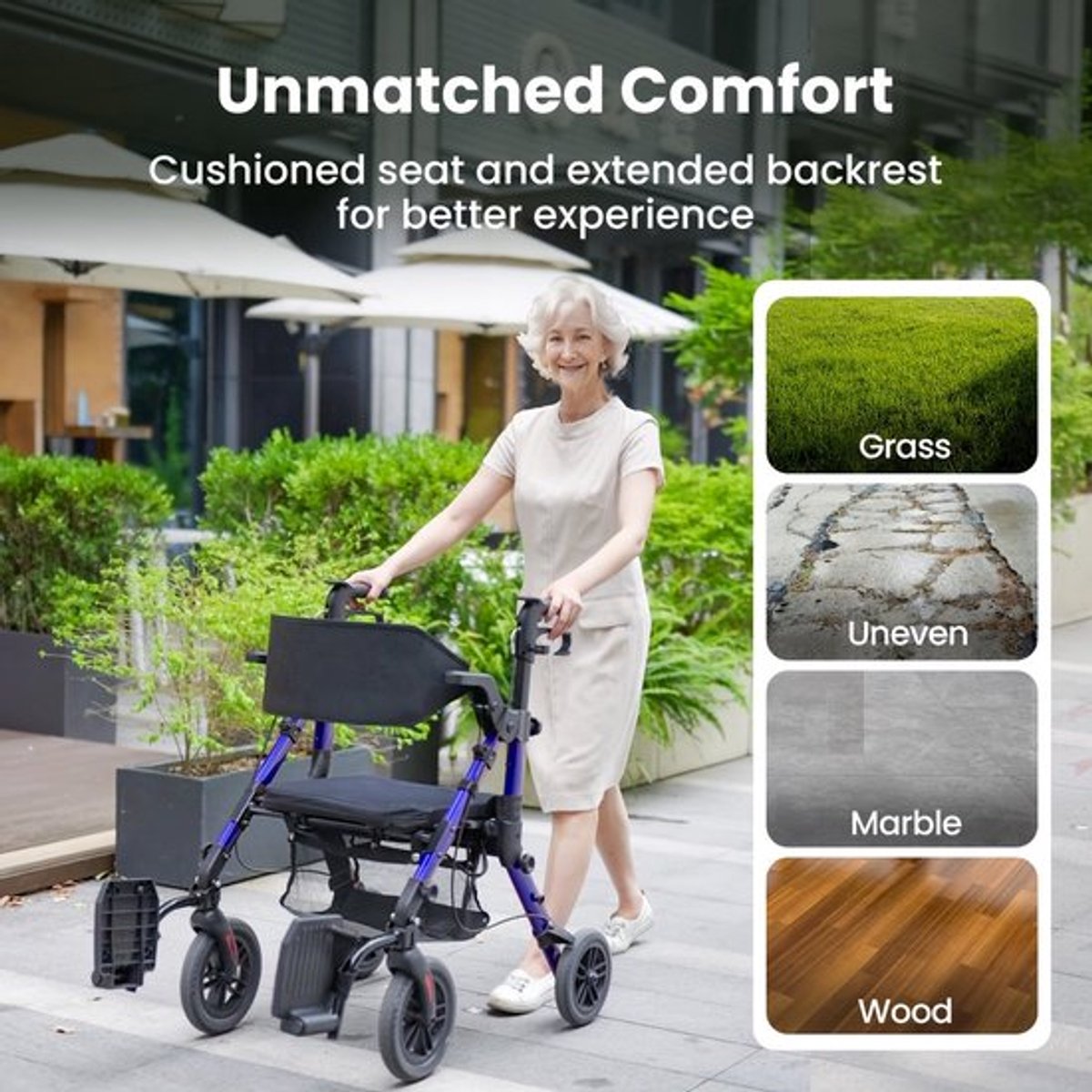 2-in-1 Rollator – Looprek – Transportstoel – Mobiliteitshulp – Wandelwagen – Lichtgewicht Opvouwbaar – Lineaire Remmen & Comfortabel Zitje – Duurzame Plastic Wielen