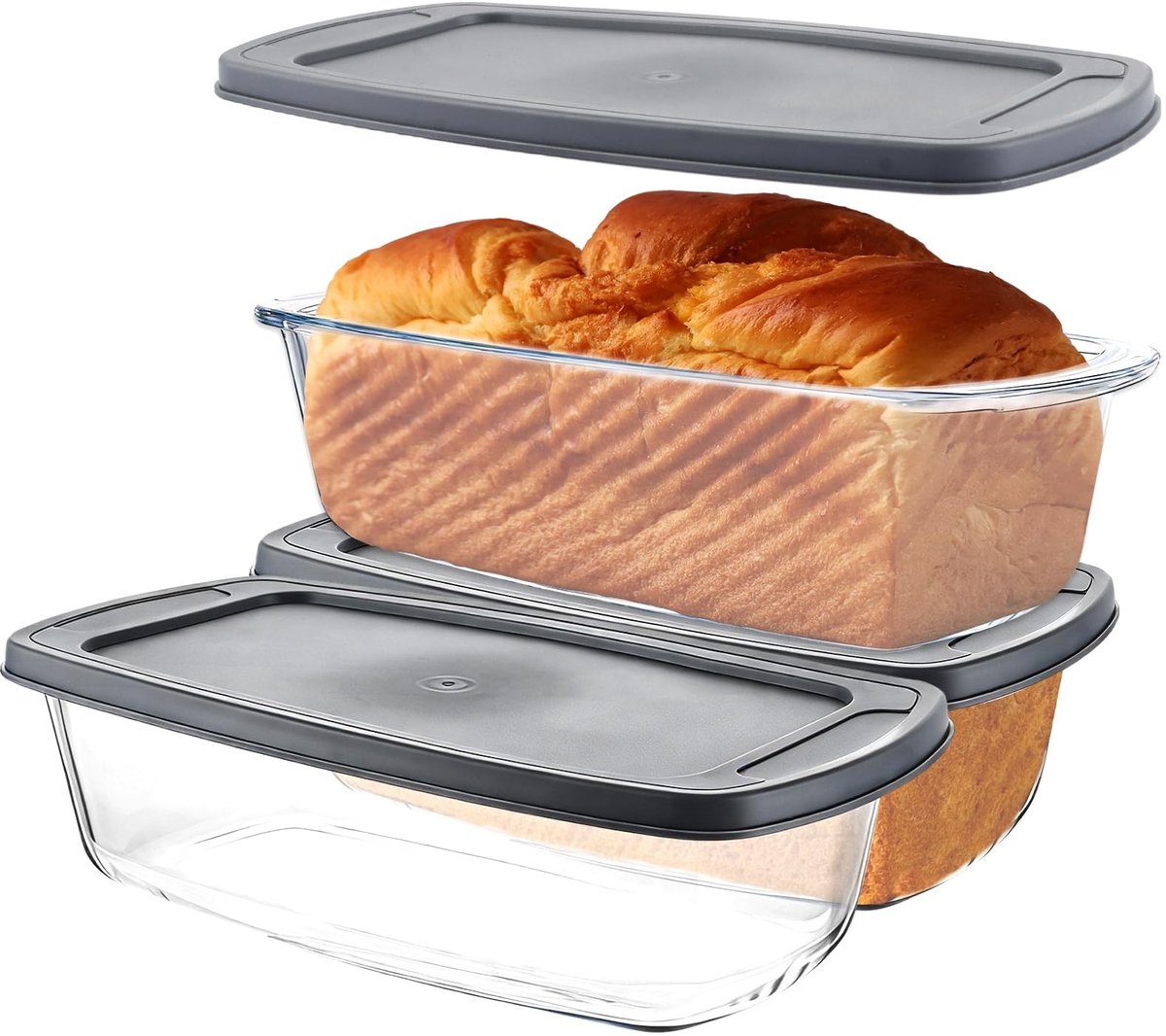 Dailygoods - 3 Stuks Glazen Ovenschaal met Deksel, 1,8 L Rechthoekige Brood Bakvorm Transparante Schaal met PP Deksel voor Toast Brood Keuken Bakken Bewaren Thuis