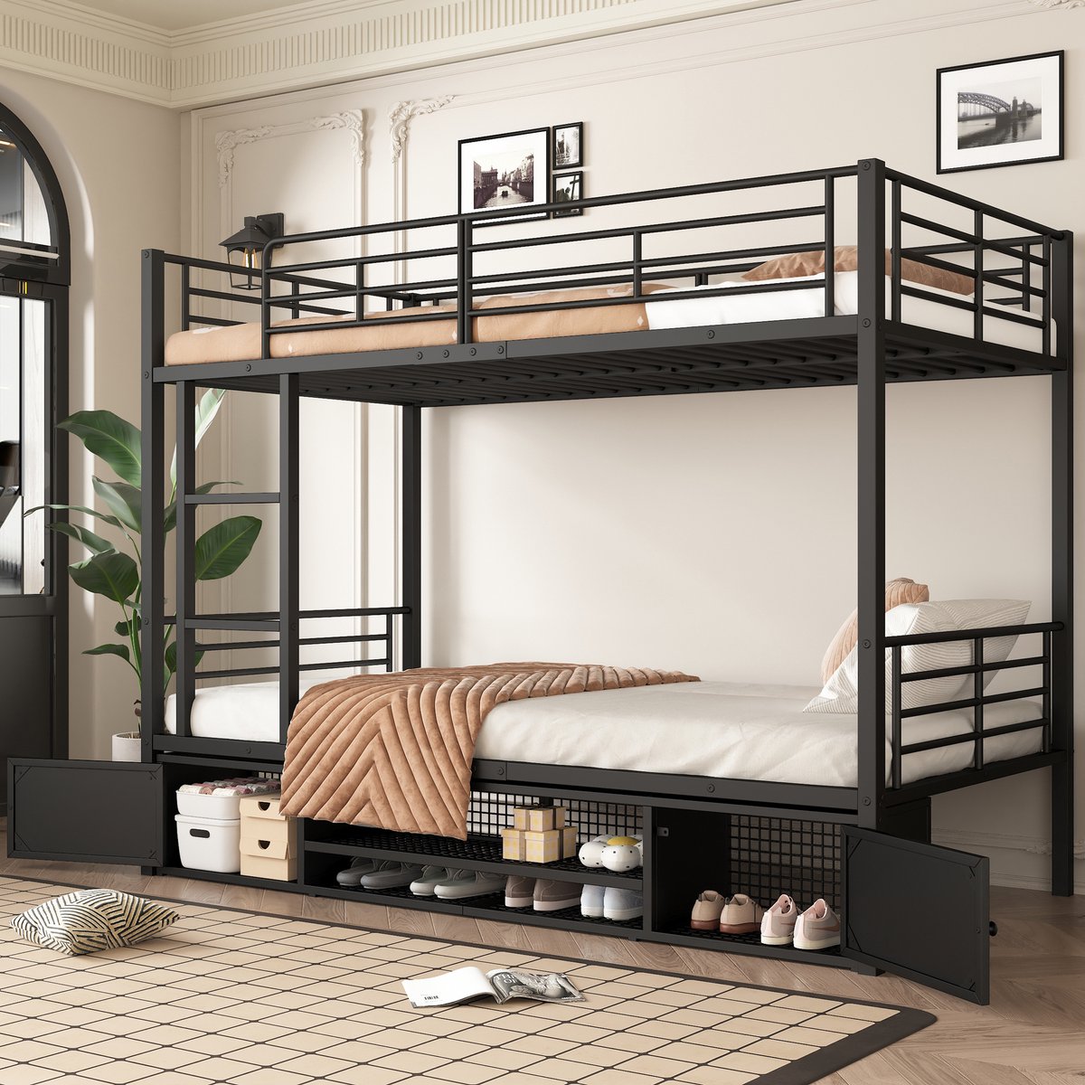 MEUNIQ stapelbed 90x200 cm met ladder, uitvalbeveiliging en opbergruimte met open schoenenrek en 2 kastjes, metalen bedframe voor kinderkamer, zwart