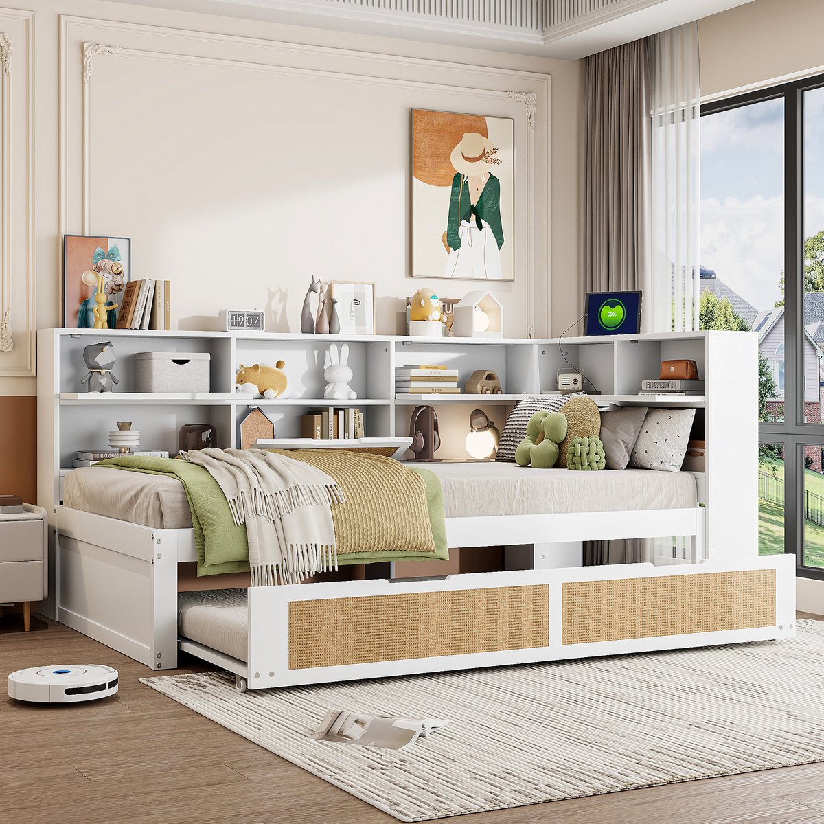 MEUNIQ slaapbank 90x200 cm met uitschuifbed, opbergvakken en USB-laadaansluiting, houten eenpersoonsbed voor kinderkamer of logeerkamer, wit