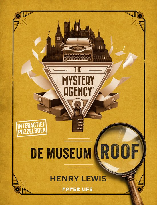 Boekomslag met typemachine, dossiers, een slot en vergrootglas met de titel 'De Museumroof'.