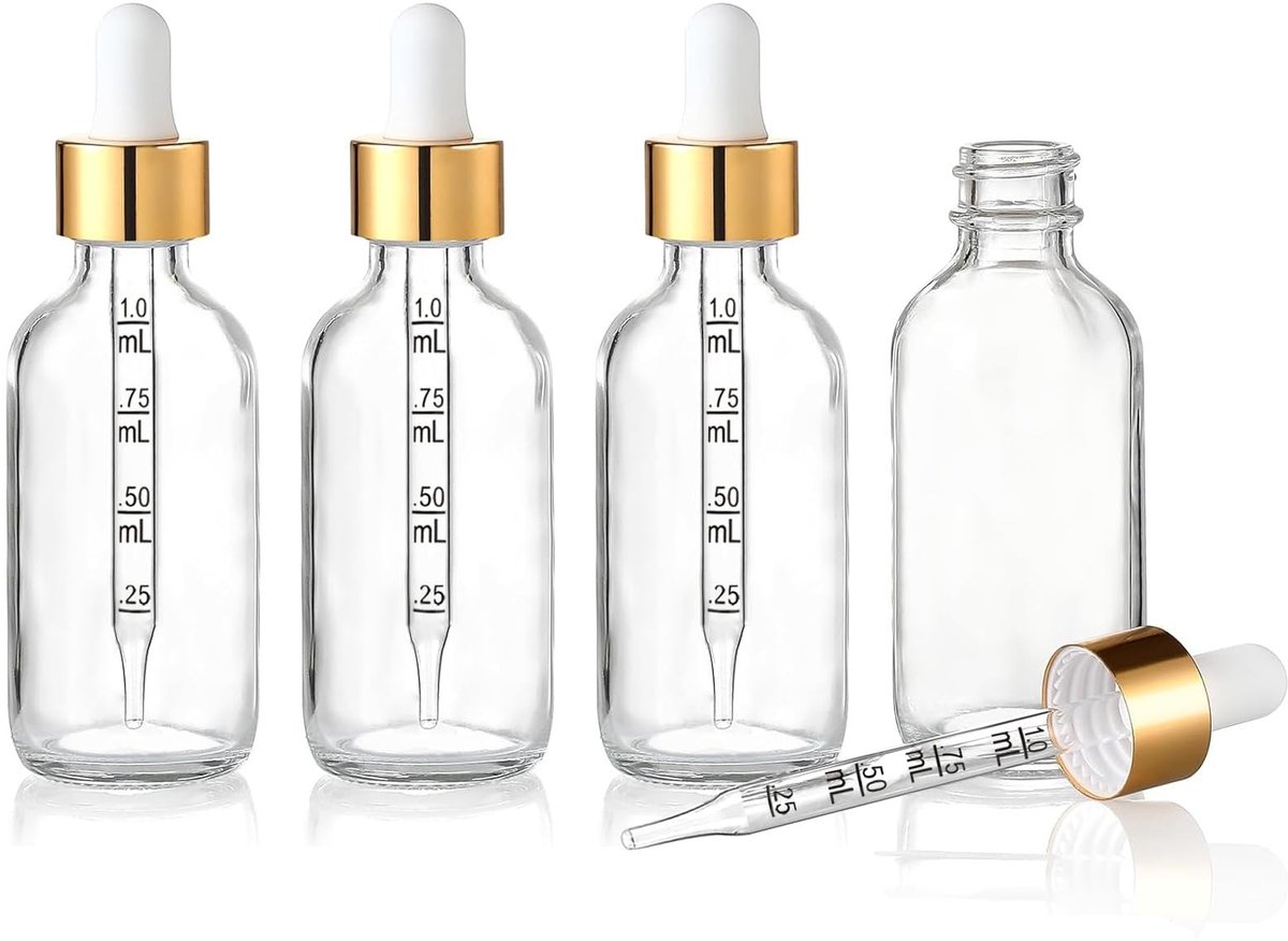 Dailygoods- Pipetflesjes 30ml - 4 Stuks Helder Glas - Inclusief Mini-Trechters/Pipetten - Voor Essentiële Oliën/Tincturen - Compact/Lekvrij - Met Etiketten - Glazen Flesjes