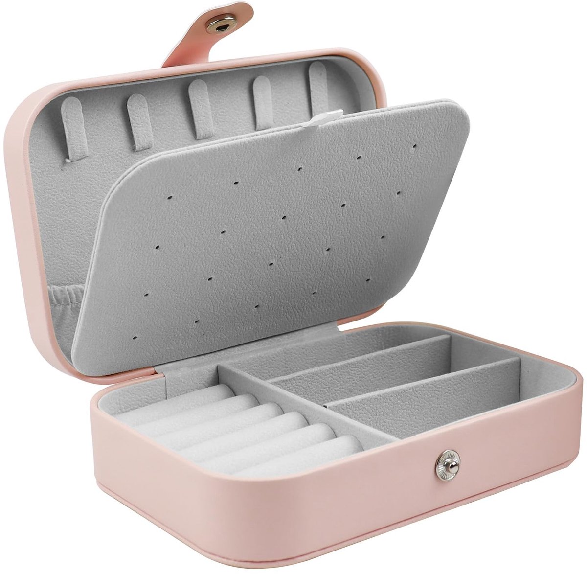 Dailygoods - Sieradendoos voor reizen, stijlvol, klein, gemakkelijk mee te nemen, sieradendoos met knoop, lederen organizer voor ringen, oorbellen, halskettingen, broches (roze)