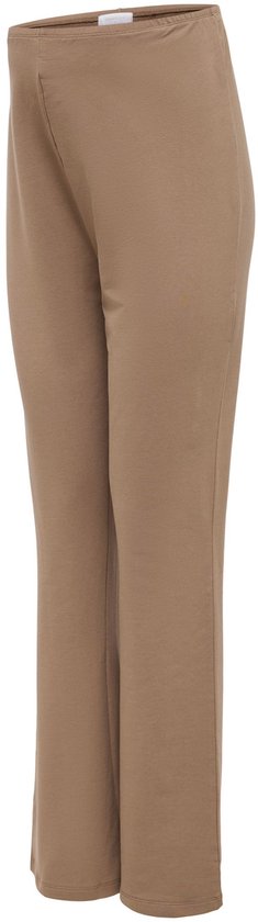 Bruine zwangerschapsbroek met hoge tailleband en uitlopende broekspijpen.