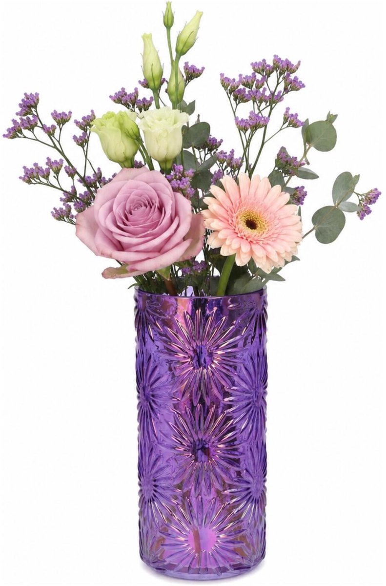 Plume Living Vaas Serina - transparant paars - D14 x H30 cm - glas - bloemenvaas - voor stelen en boeketten - decoratief glas