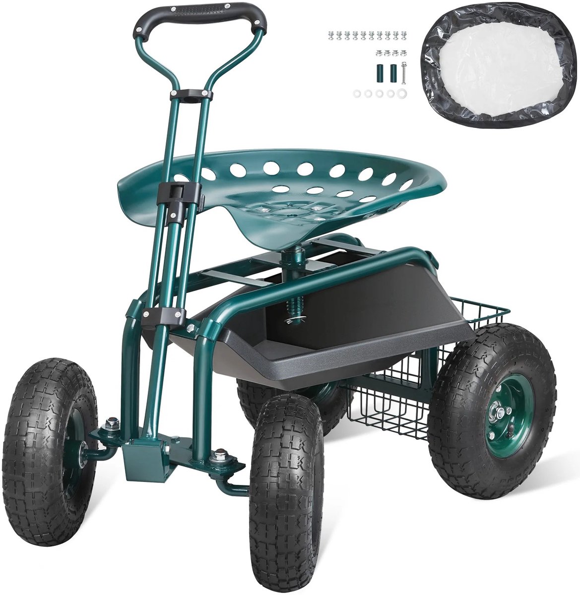 DPLUNIQ Tuinkruk - Kruk - Stoel - Rolstoel - Tuin Accessoires - 360° Draaibaar - Wielen - Stuurinrichting - 55x32x41cm - 15,7 kg - Groen