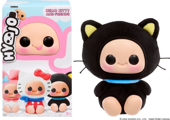 Zwarte katten-knuffel naast de verpakking met de tekst 'Hello Kitty and Friends'.