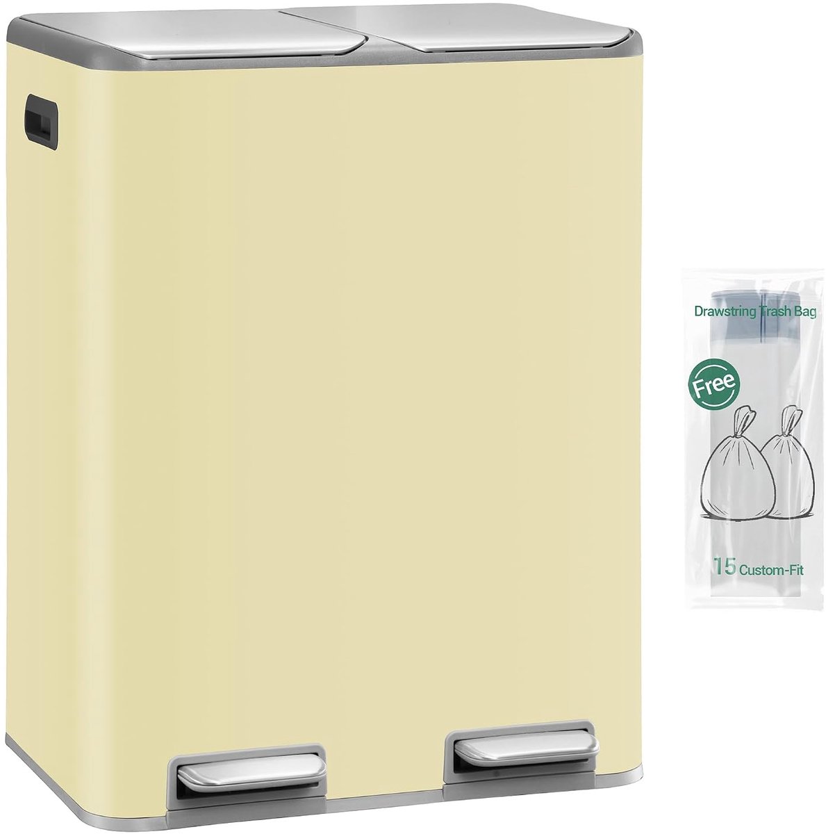 Hzuaneri Keukenafvalbak, 2 x 30 l, Afvalscheidingsbak met 2 vakken (totaal 60 l), RVS pedaalemmer met soft-close deksel, inclusief 15 bijbehorende afvalzakken, beige