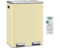 HILINSIE - Prullenbak - Prullenbak 60 Liter (2 x 30 L) - Afvalbak met 2 Vakken - RVS Pedaalemmer met Soft-Close Deksel - Inclusief 15 Bijbehorende Afvalzakken - Beige