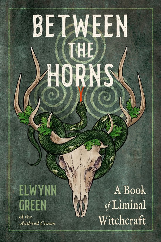 Boekomslag met de titel 'BETWEEN THE HORNS'. Een groene slang kronkelt rond een schedel met geweien. Daarboven staan spiralen.