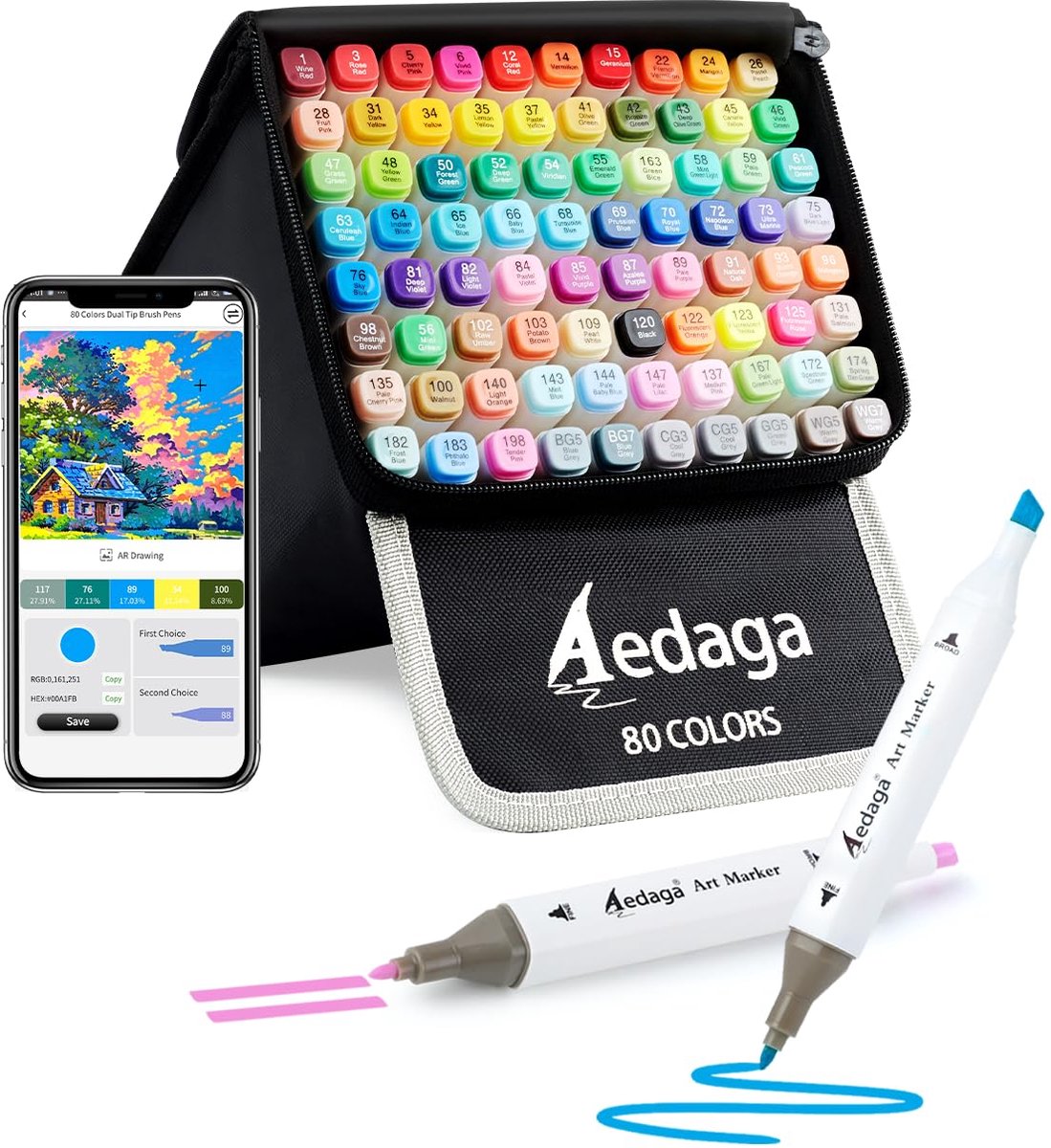SnelShoppen - 80 kleuren alcoholmarkers met gratis app, dubbele punt (beitel en fijn) kunstmarkers met kickstand hoes voor volwassenen, op alcohol geb
