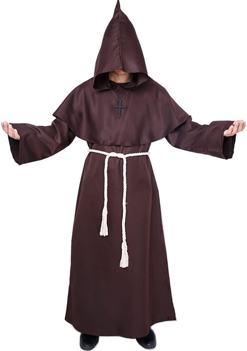 SnelShoppen - Myir JUN Halloween Kostuum Mannen Carnaval Kostuum Middeleeuwse Cape Met Kap Voor Volwassenen - Bruin, M