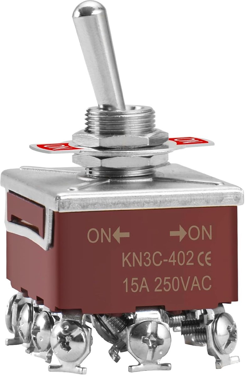 SnelShoppen - Heschen Metalen Toggle Switch, 4PDT Schakelaar, 15A 250VAC / 10A 380VAC, 12 mm Montagegat, 2 Posities ON/ON, Dubbele Schakelaar, CE Keur