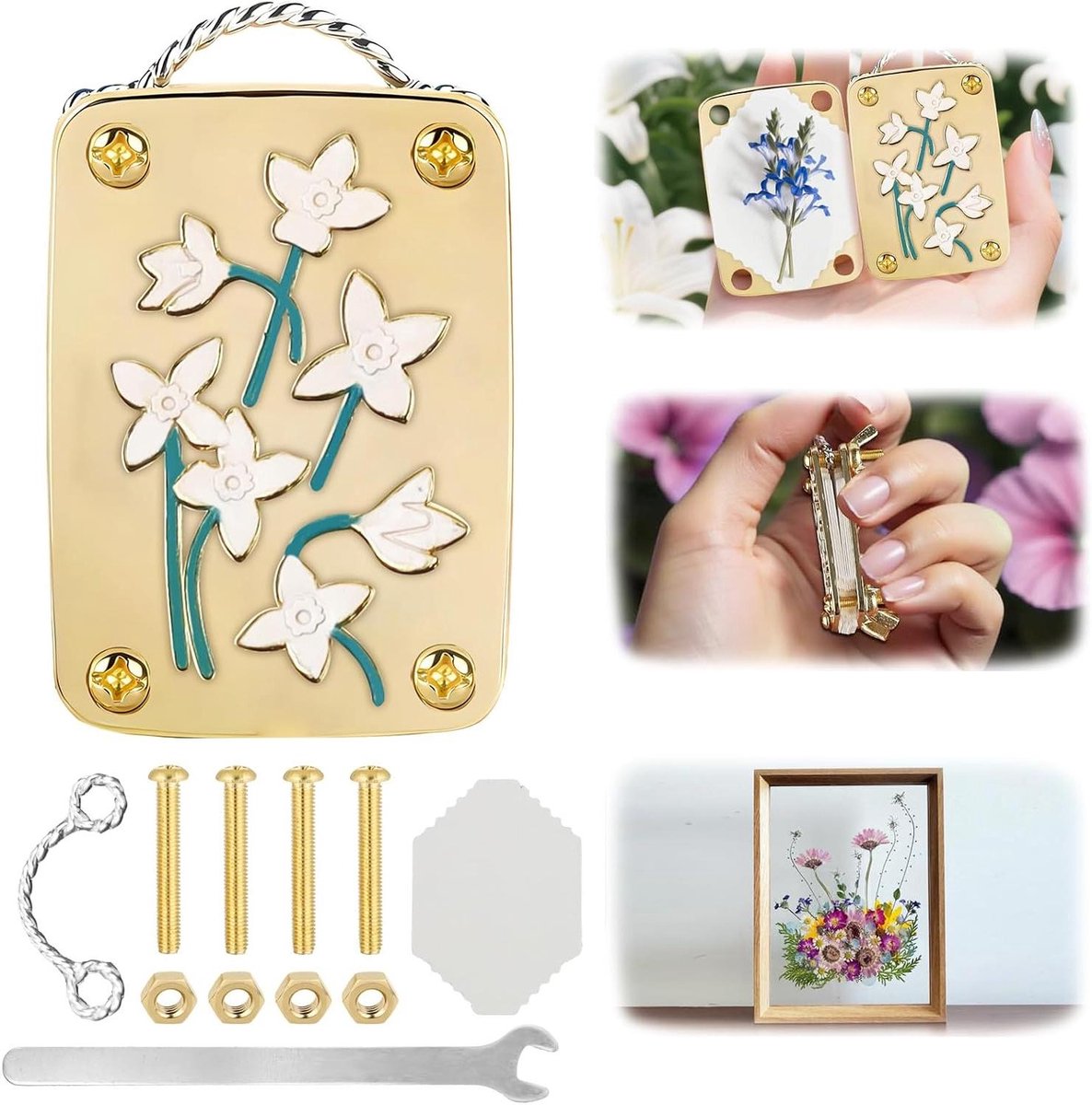 Bloemenpers - Kleine pers - Bloemen drogen - Robuuste metalen constructie - Set van 30 vellen - Goud
