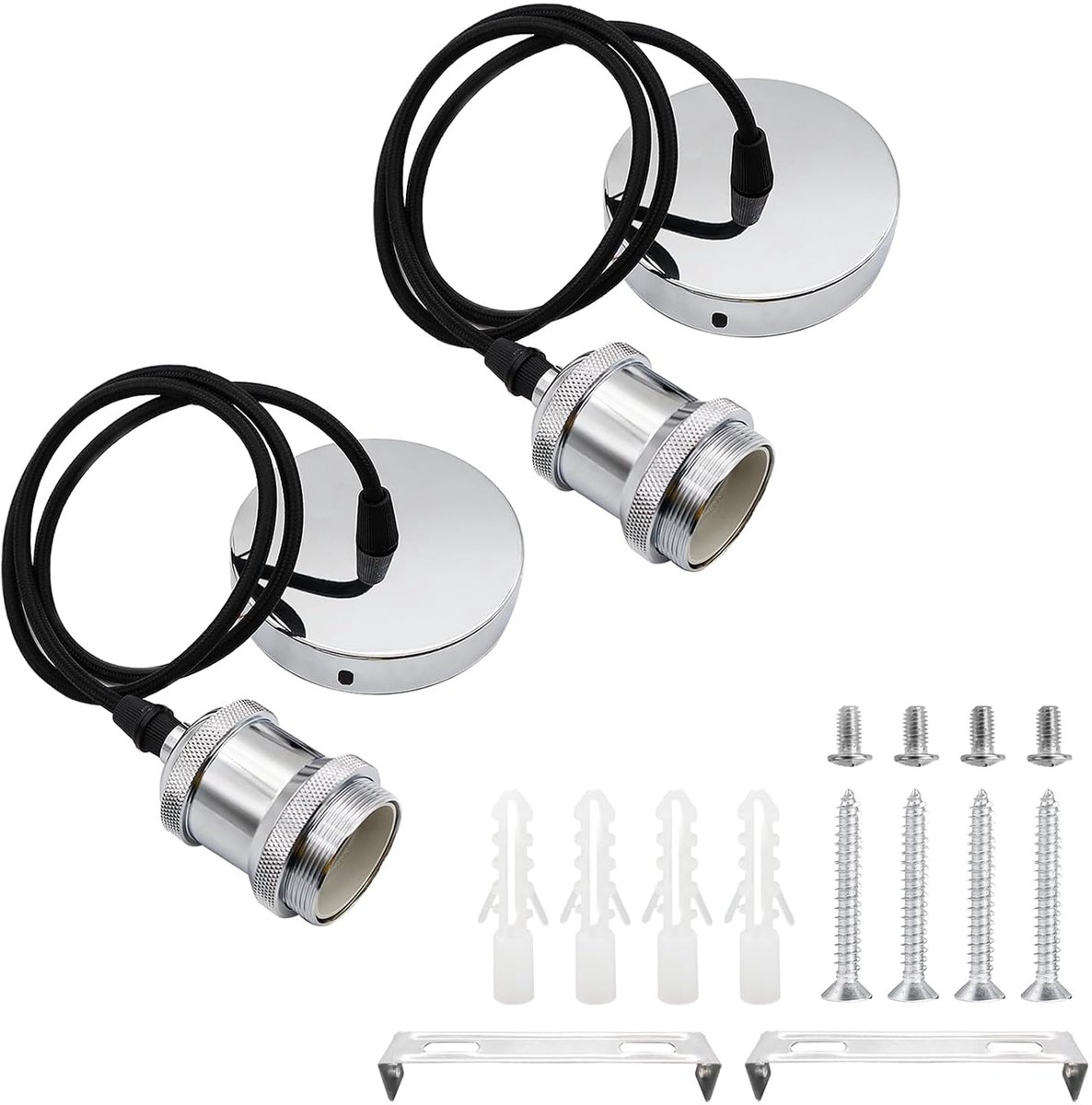 SnelShoppen - Pack van 2 E27 Metalen Vintage Lampenfitting Retro Hanglamp met Verstelbare Kabel 100 cm Textiel Kabel voor Plafondverlichting DIY Wand-
