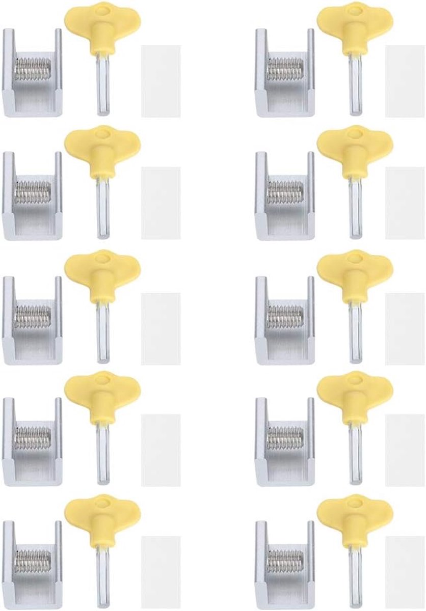 SnelShoppen - Set van 10 Verstelbare Aluminium Veiligheidsstopper met Sleutel, Kindveilige Veiligheidsclips voor Verticale en Horizontale Ramen