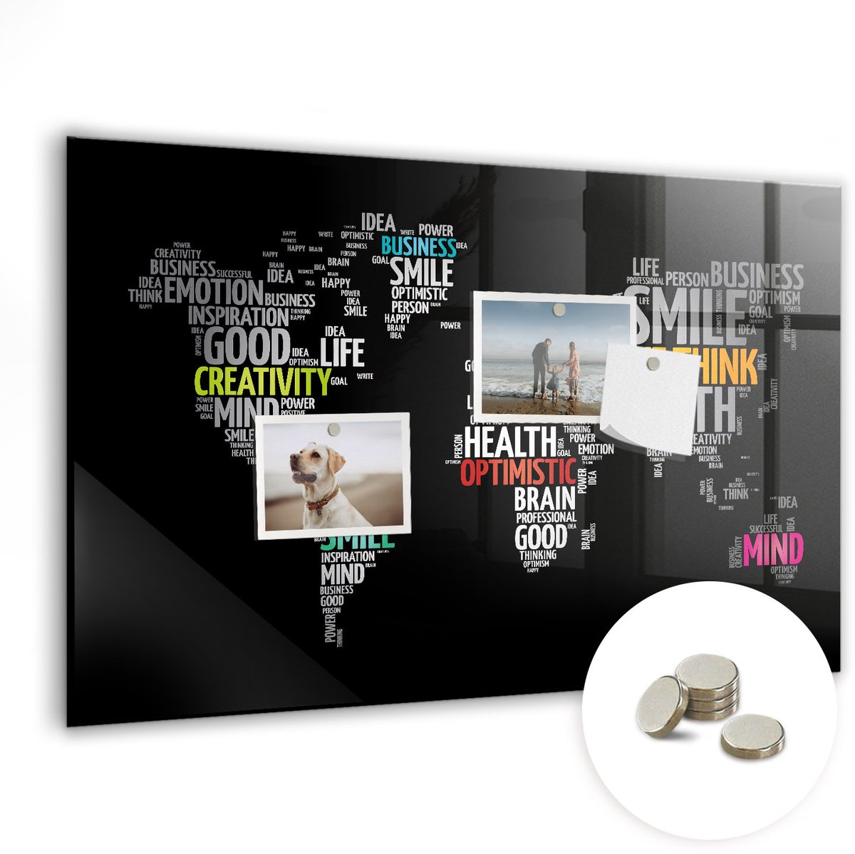 Coloray Glazen Magneetbord - Magnetisch Bord Positieve wereldkaart - 60x40 cm - Zwart Magneetbord - Magnetic Board - Magneetbord Design