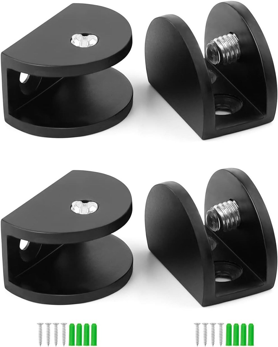 SnelShoppen - Set van 4 verstelbare glazen planksteunen, zwarte zinklegering spiegelclips met antislip schroeven voor 6-10mm glas en platen