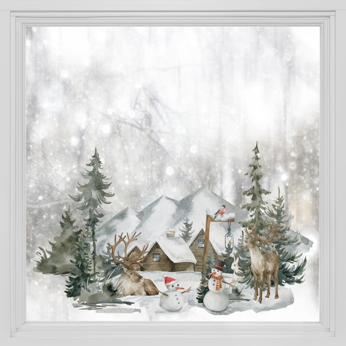 SnelShoppen - Privacy Raamfolie Dubbelzijdig Anti-UV Vensterstickers voor Kerst Decoratie met Sneeuwman en Herten Bos T043