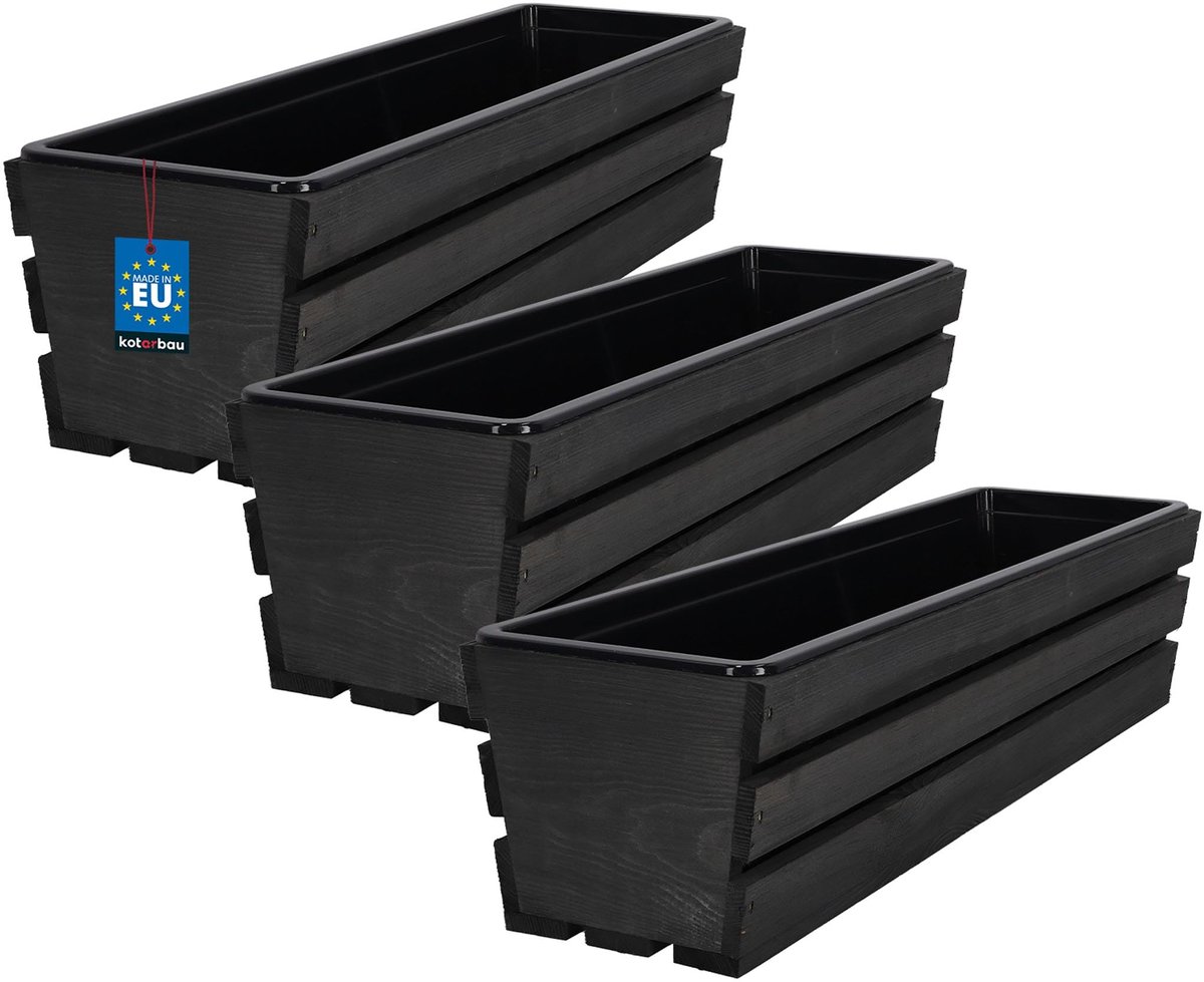 KOTARBAU® 3 Stuks - Houten Plantenbak - Bloembak Hout - met Kunststof Inzetstuk - Balkonbak - 60 x 18 x 15 cm - Antraciet - voor Terras - Balkon - Deko Planten